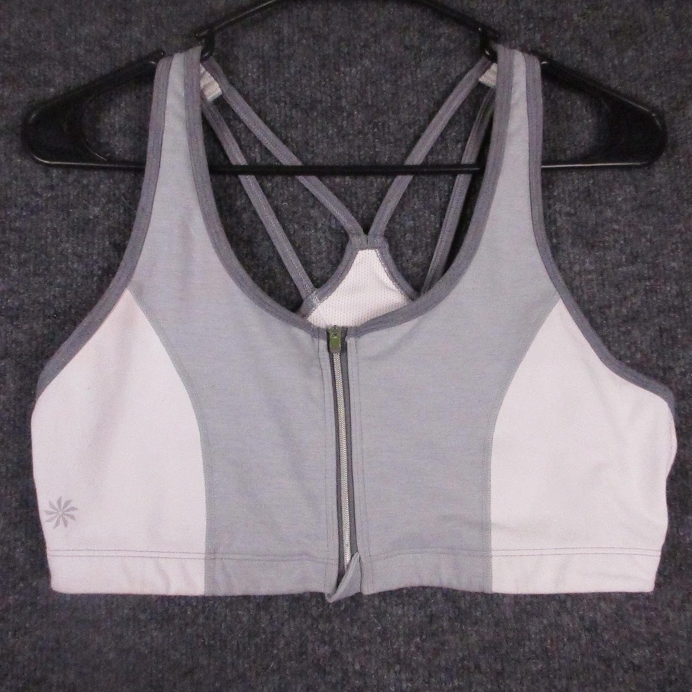 Athleta Sports Bra Womens Large White Gray Zip Front Crossback Yoga Stretch